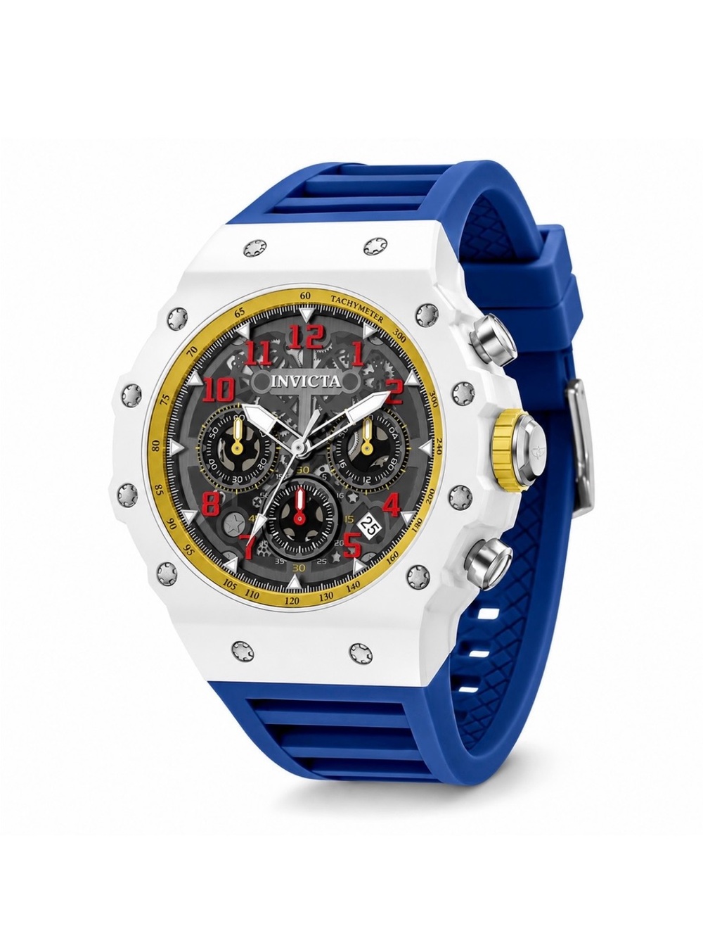 Invicta White Case Blue Strap Chronograph Watch with Red Accents
